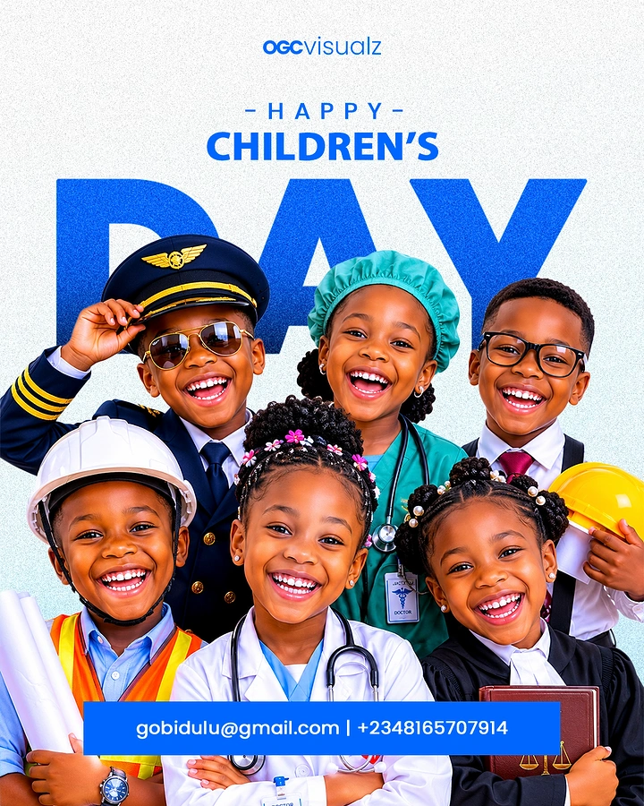 Children's Day creative ad: Group of laughing children dressed as pilot, doctor, engineer, lawyer and more
