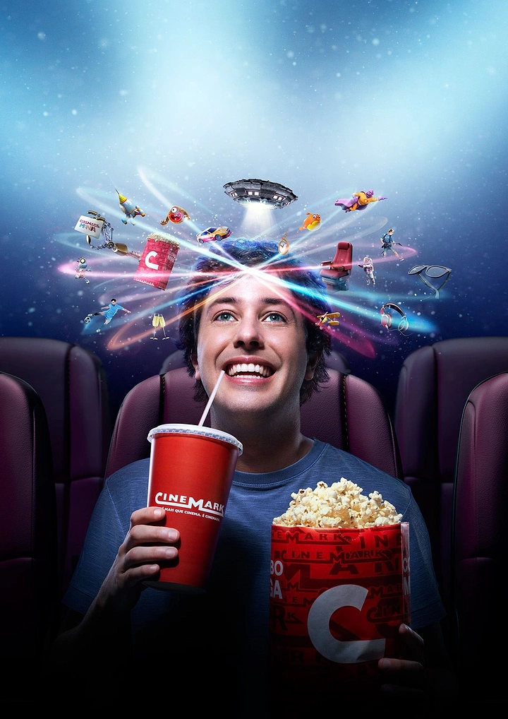 Cinemas & Movie Theatres creative ad: Movie worlds bursting from viewer's head