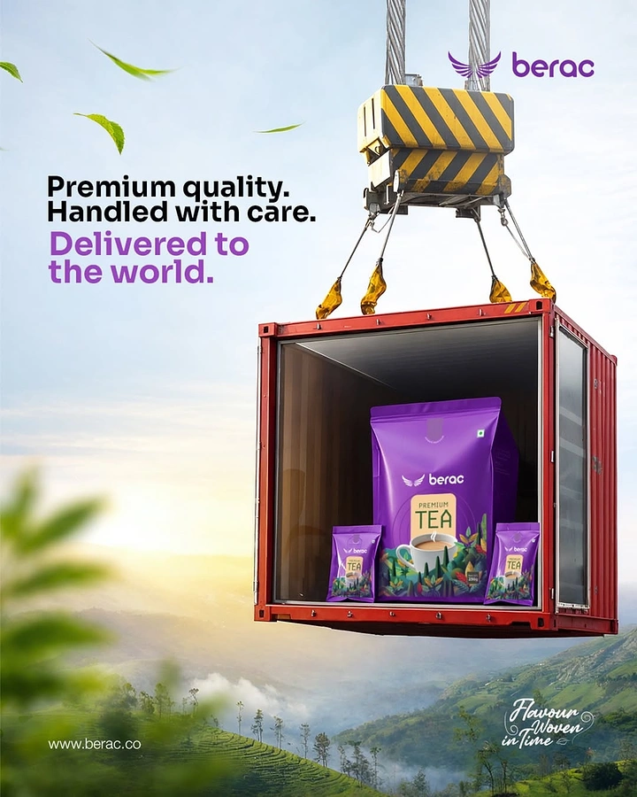 Tea & Chai Brands creative ad: Tea pouches inside a red shipping container lifted by a crane over tea hills