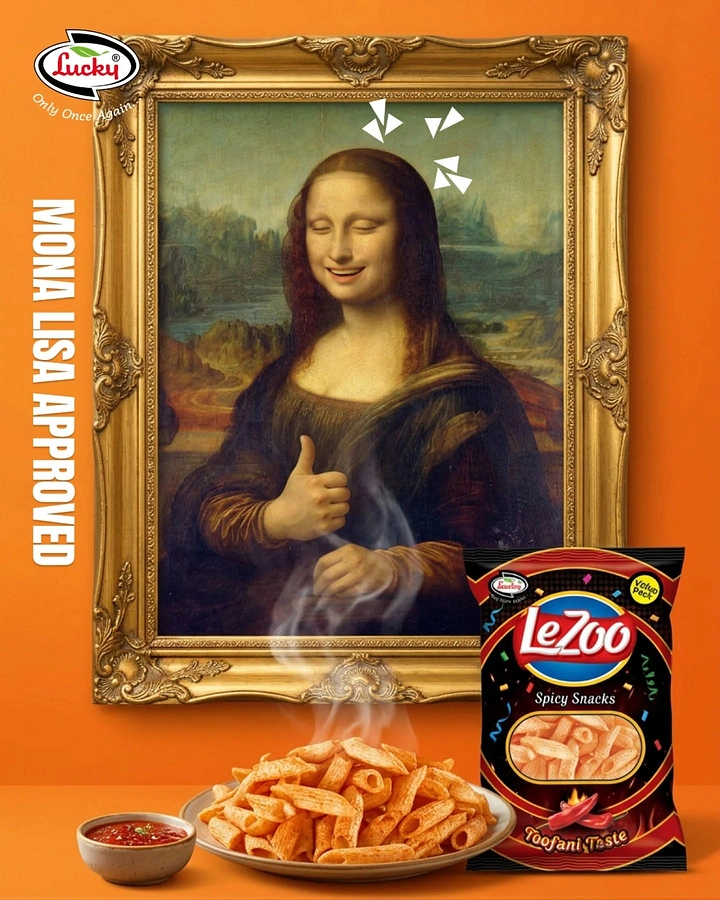 Snacks & Namkeen Brands creative ad: Mona Lisa thumbs-up, 'Mona Lisa approved'