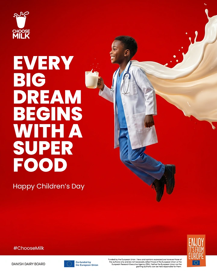 Children's Day creative ad: Boy dressed as a doctor leaping with a milk-splash superhero cape