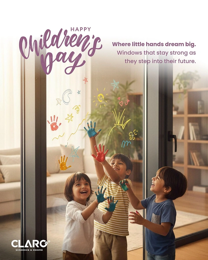 Children's Day creative ad: Three laughing children pressing painted hands on a glass sliding door