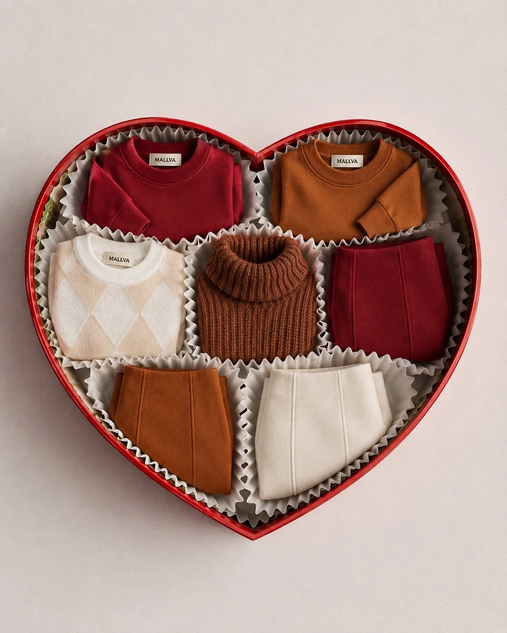 Valentine's Day creative ad: Folded knitwear in a heart-shaped chocolate box