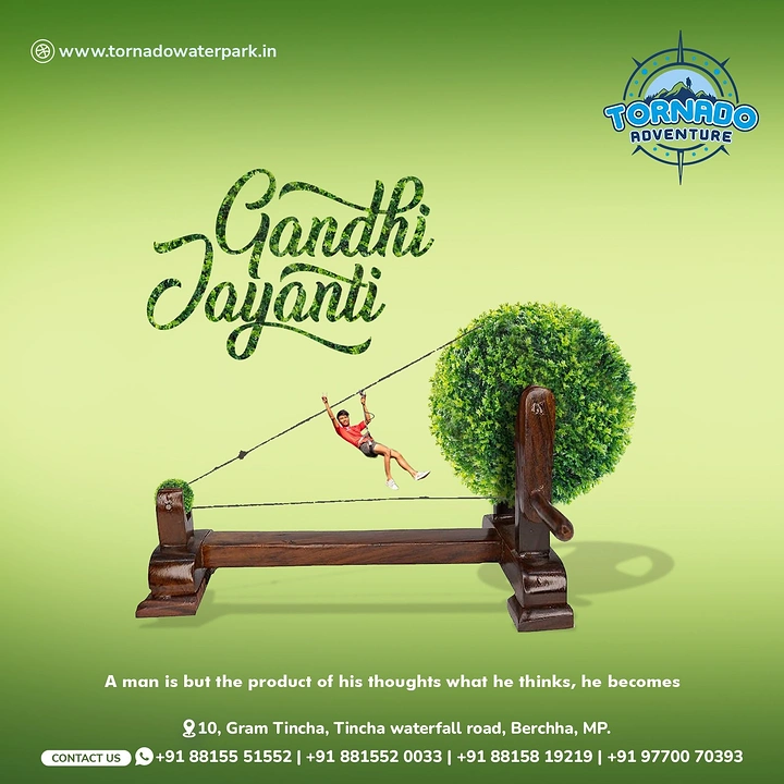 Gandhi Jayanti creative ad: Wooden charkha with a topiary wheel and a zipline rider on its thread