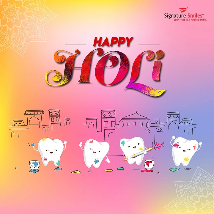 Holi creative ad: Four cheerful cartoon teeth playing Holi in front of a line-drawn old city