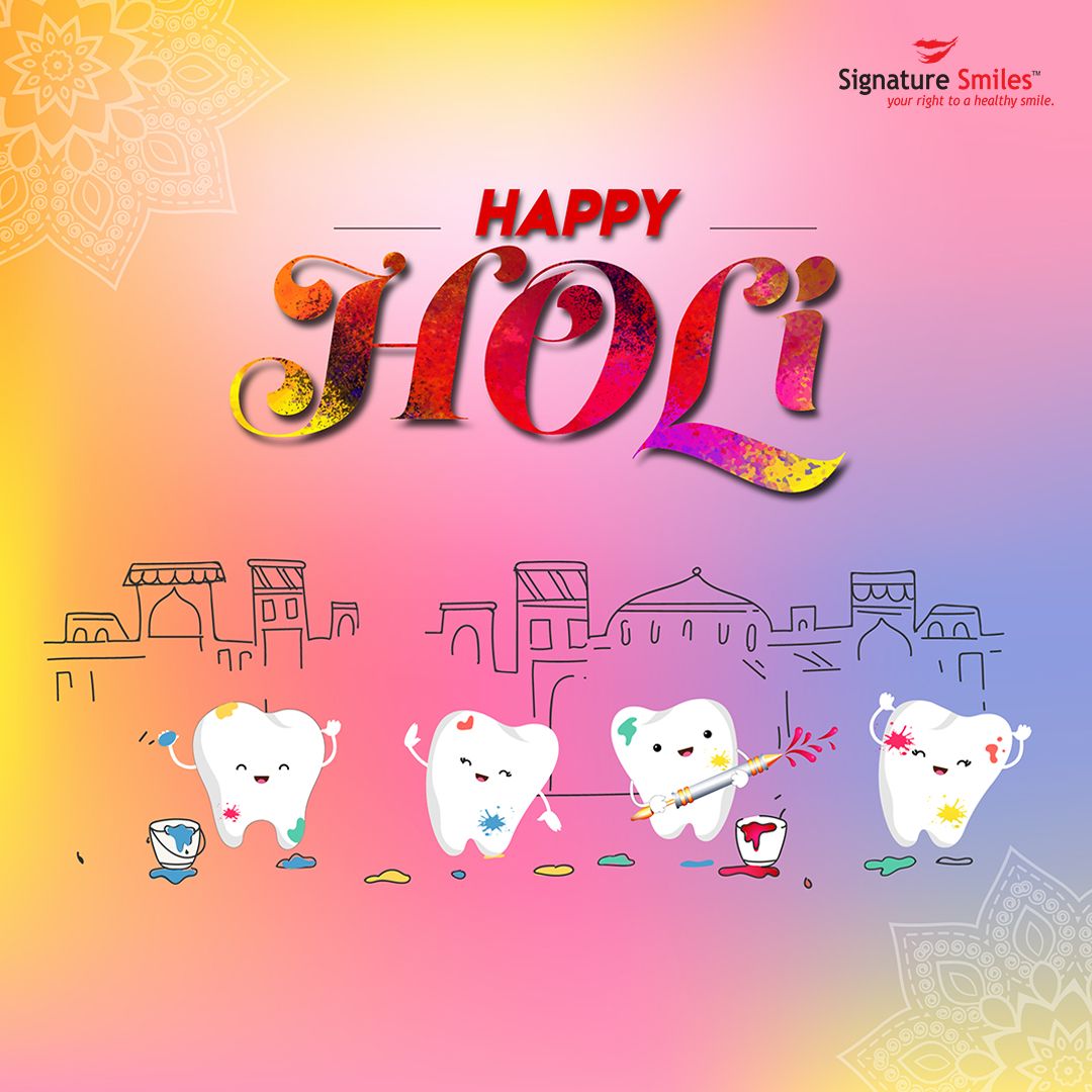 Holi Instagram post: Four cheerful cartoon teeth playing Holi in front of a line-drawn old city
