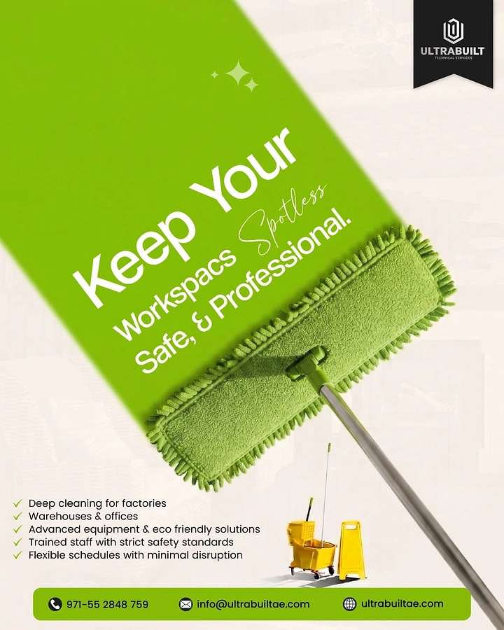 Cleaning Services creative ad: Mop stroke paints the green headline band