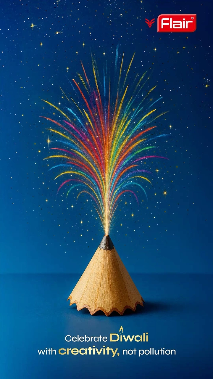 Diwali creative ad: Sharpened pencil tip shaped like a firecracker cone erupting in crayon-stroke fireworks