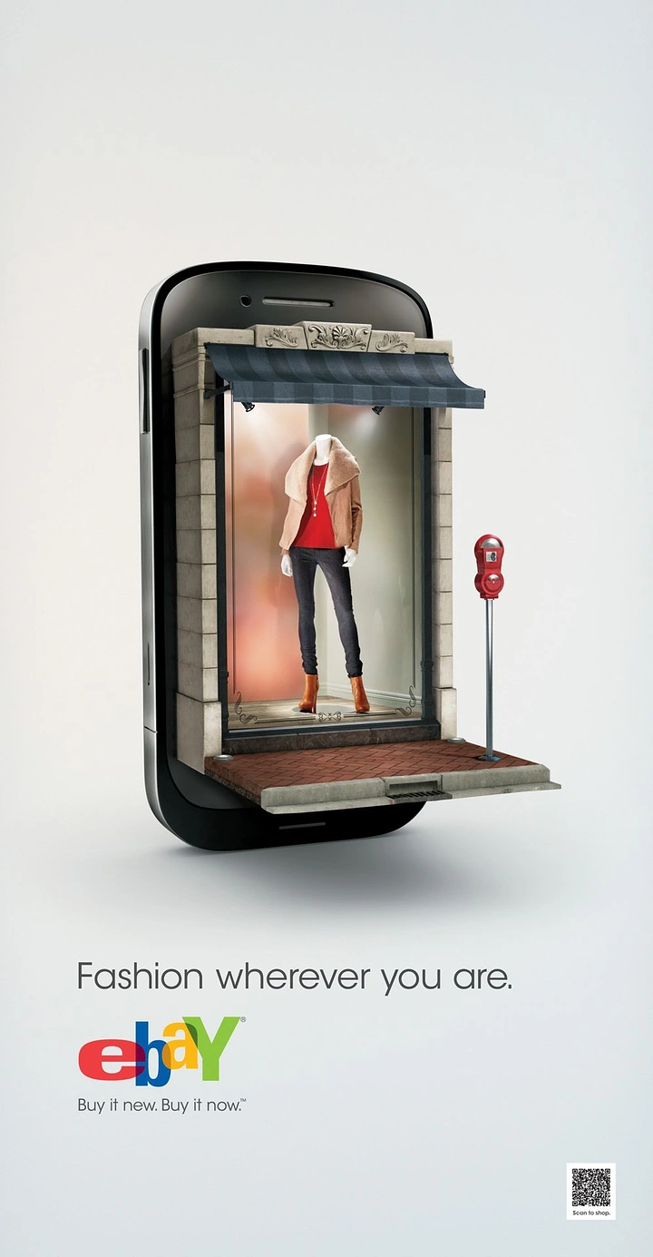 Fashion creative ad: Smartphone turned into a boutique storefront with mannequin