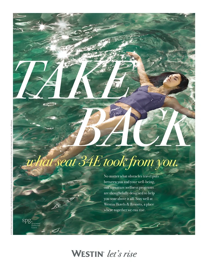 Travel creative ad: Woman floating on her back in sparkling green water
