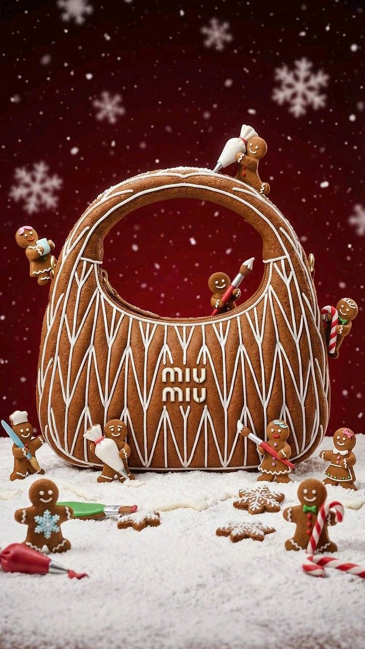 Christmas creative ad: Handbag made of iced gingerbread with gingerbread men decorating it