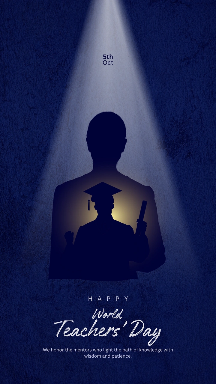 Teachers Day creative ad: Teacher silhouette containing a glowing graduate silhouette under a spotlight