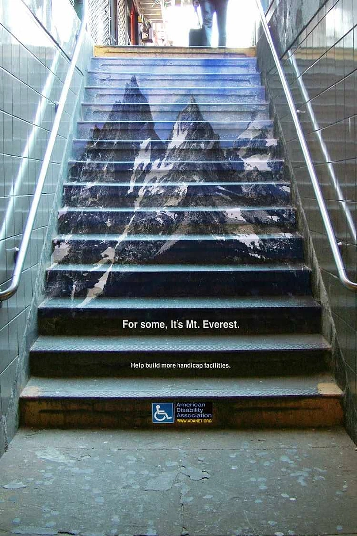 Creative ad: Subway staircase painted with a snowy mountain peak