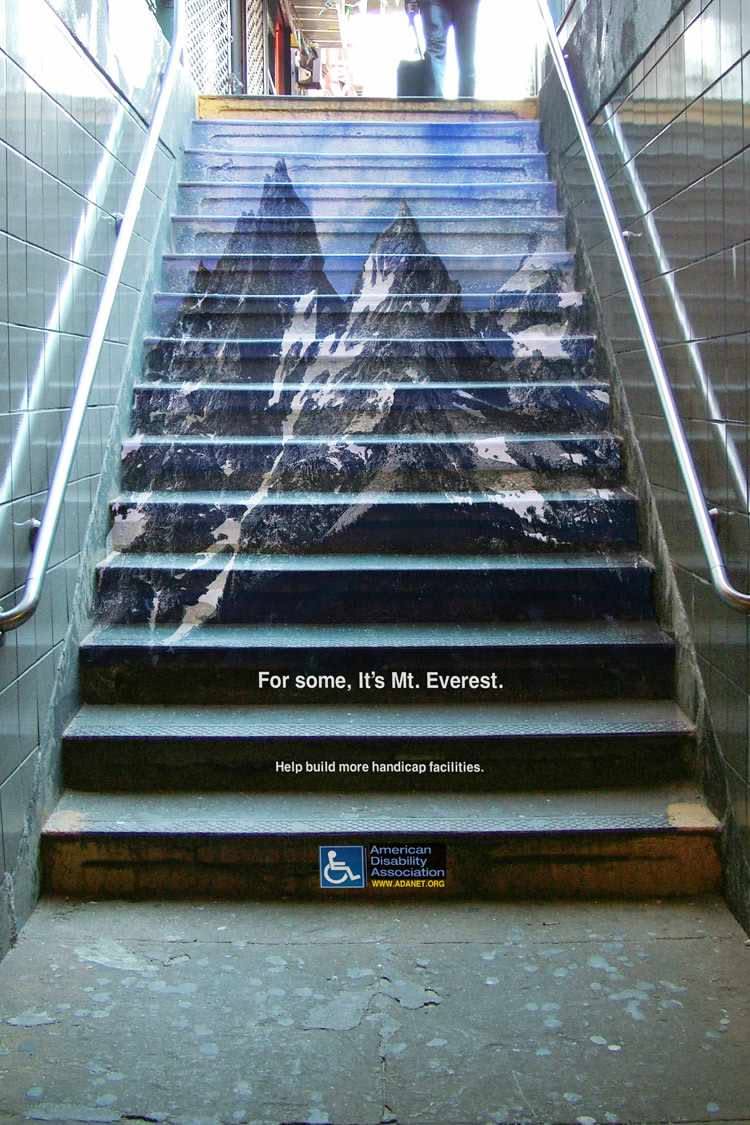 Poster: Subway staircase painted with a snowy mountain peak