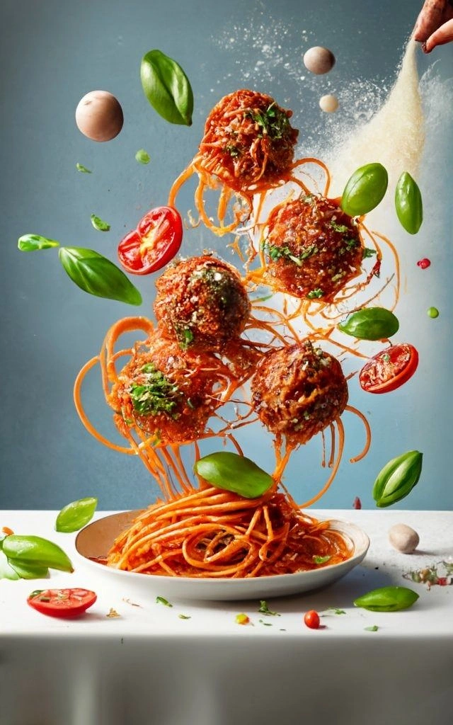 Italian Restaurants creative ad: Surreal floating spaghetti and meatballs