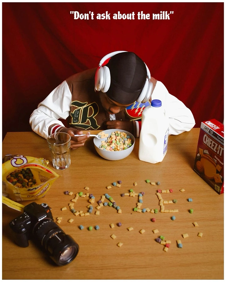 Breakfast Cereals & Oats creative ad: Messy headphone scene supports cheeky milk copy