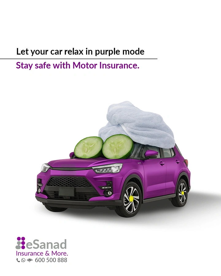Insurance creative ad: Purple SUV wearing spa towel and cucumber slices on headlights