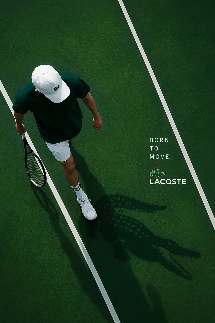 Activewear & Gym Wear creative ad: Tennis player seen from above casting a crocodile-shaped shadow