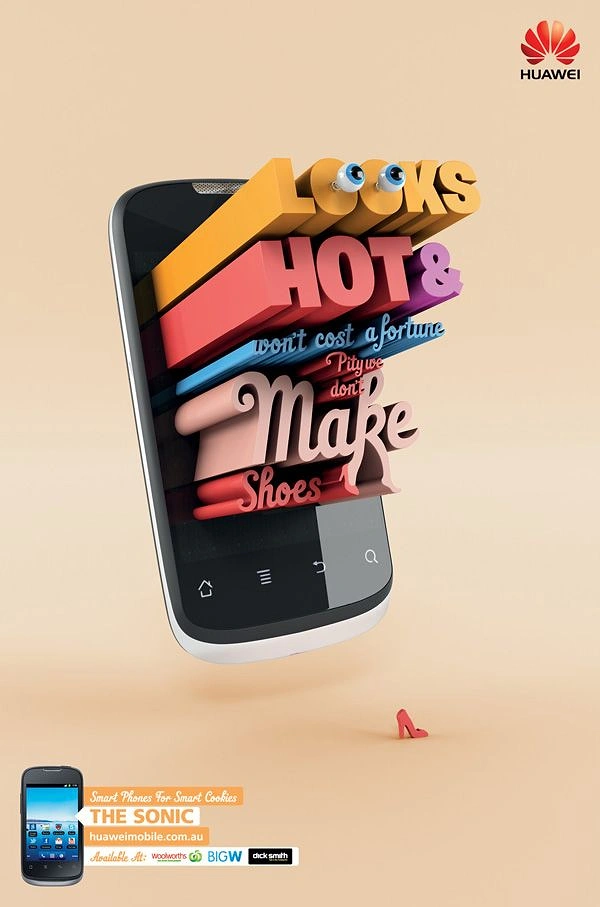 Creative ad: Smartphone with colourful 3D extruded type bursting out of its screen