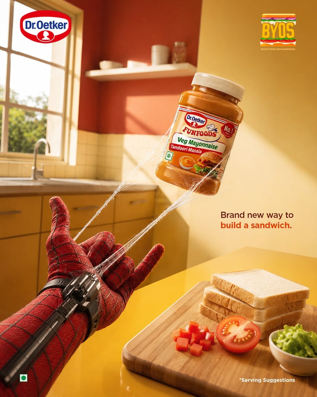 Instagram post: Spider-suited hand web-slinging a mayonnaise jar in a sunlit kitchen