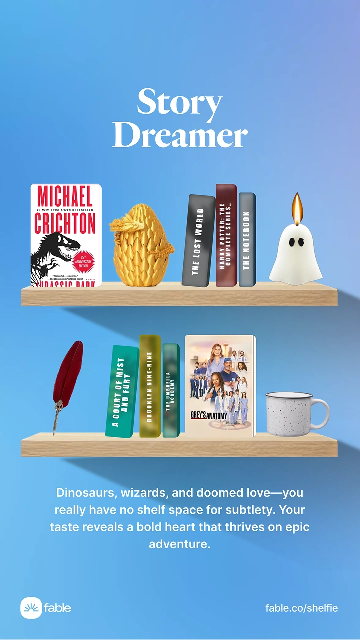Bookstores creative ad: Fable 'Shelfie' reading persona shelf, witty copy