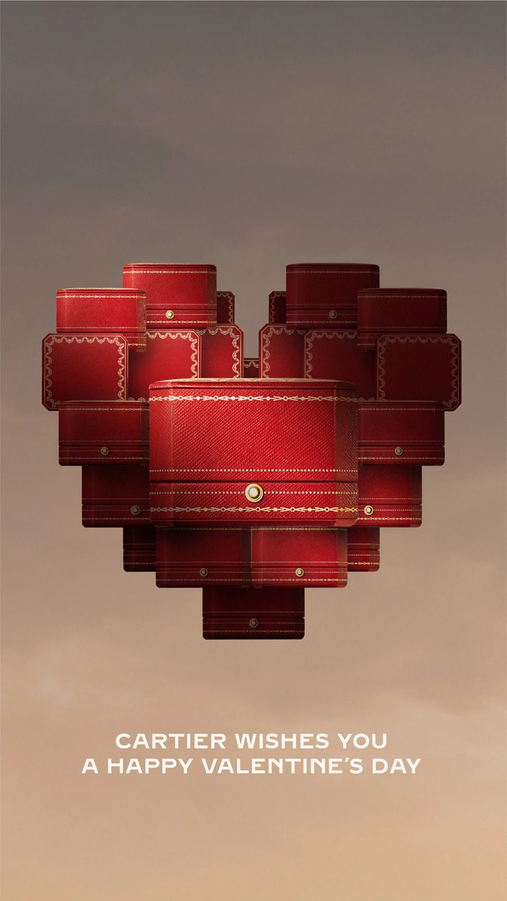 Valentine's Day creative ad: Heart sculpture built from stacked red leather jewelry boxes