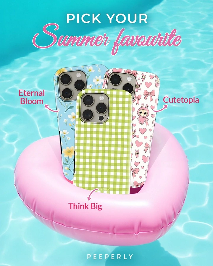 Phone Cases & Mobile Accessories creative ad: Cases staged in a summer float