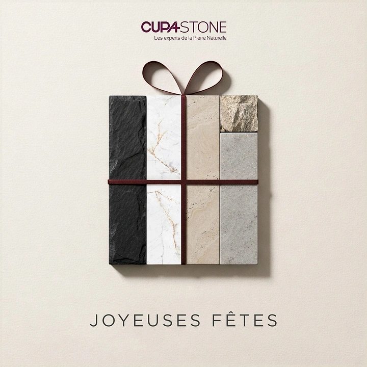 Christmas creative ad: Stone samples arranged into a gift box tied with a ribbon