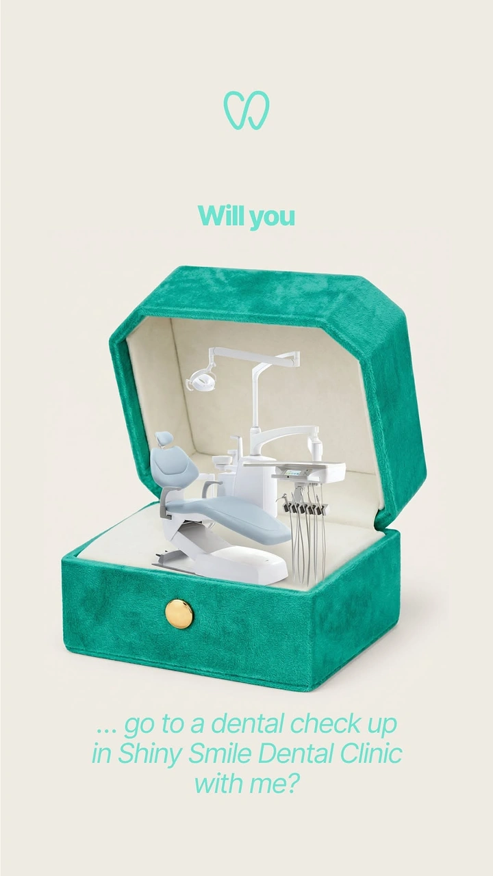 Valentine's Day creative ad: Miniature dental chair inside an open teal velvet ring box