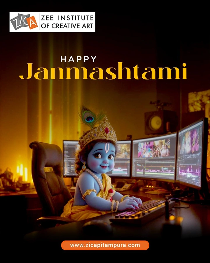 Janmashtami creative ad: Baby Krishna editing at monitors for art institute
