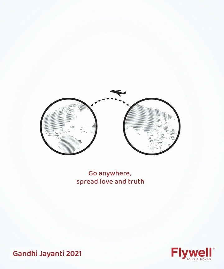 Gandhi Jayanti creative ad: Round spectacles whose lenses show dotted world-map hemispheres, bridged by a flight path