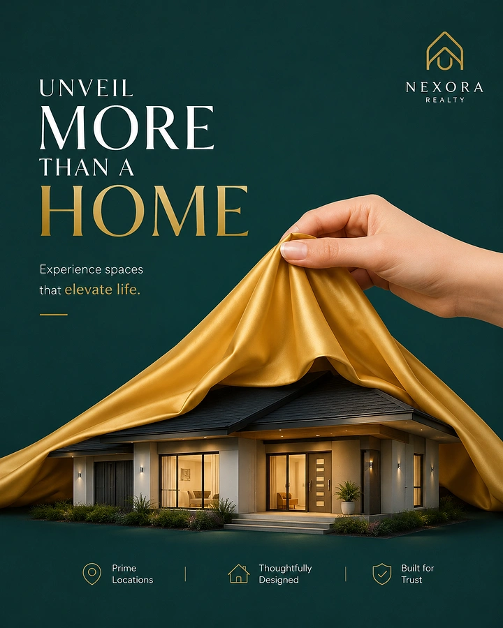Creative ad: Hand pulling gold silk cloth off a modern bungalow