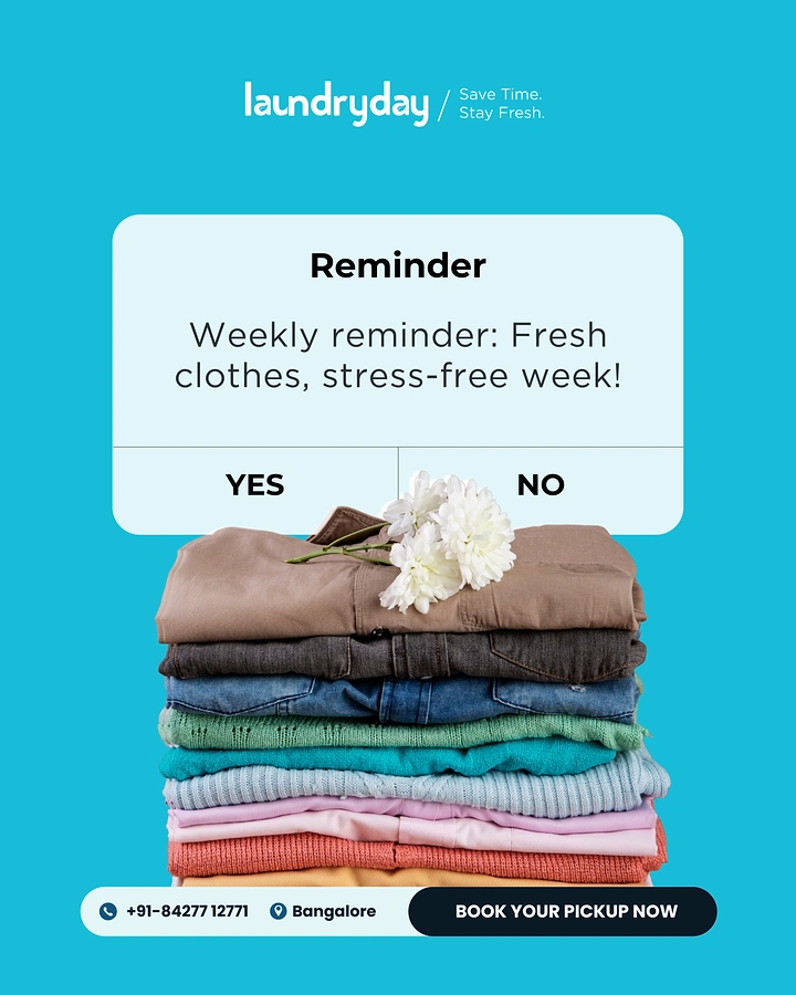 Laundry & Dry Cleaning creative ad: Reminder dialog popup atop clothes stack