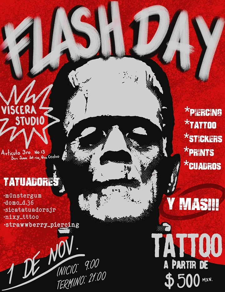 Tattoo Studios creative ad: Frankenstein punk xerox flash day poster
