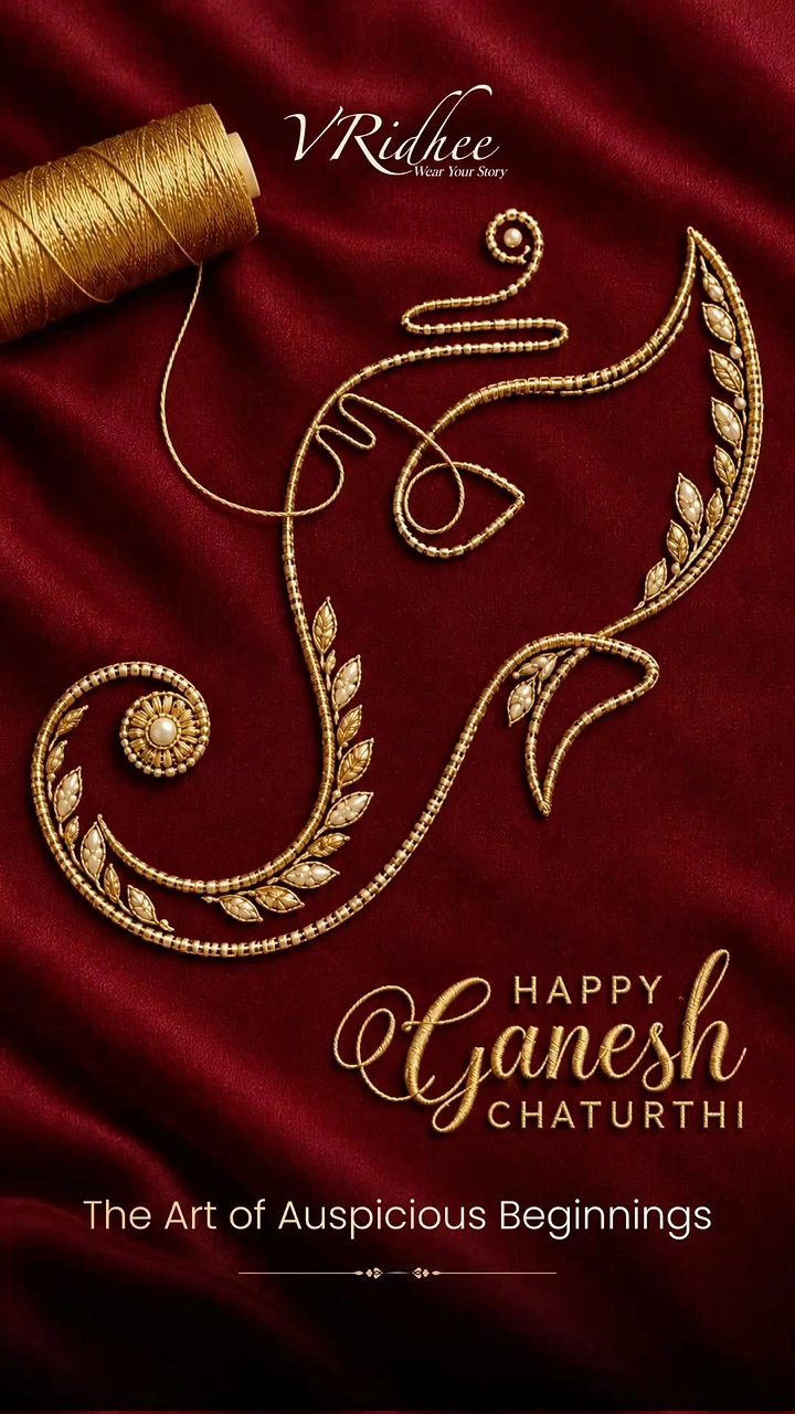 Ganesh Chaturthi creative ad: Ganesha outline embroidered in gold zardozi and pearls on maroon fabric