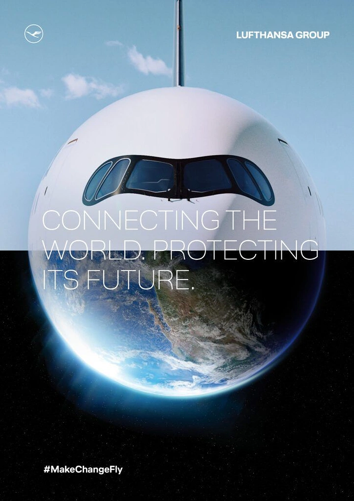 Travel creative ad: Aircraft nose merging into planet Earth