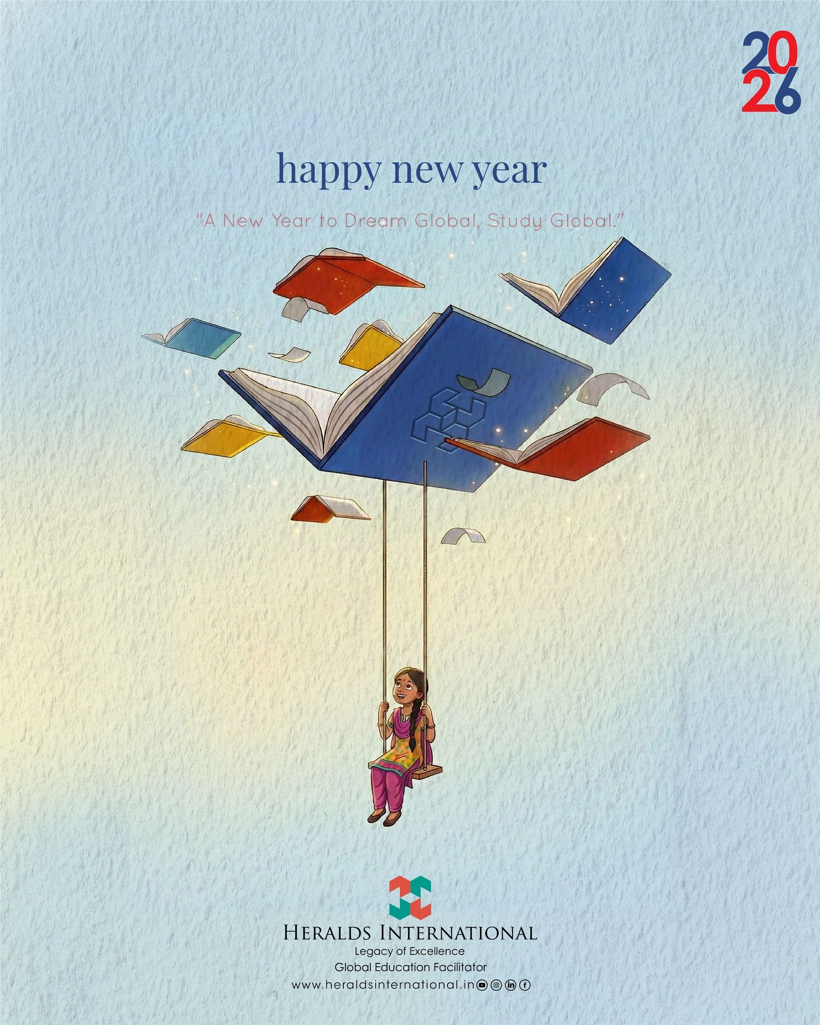 Girl on a swing hanging from a giant flying open book