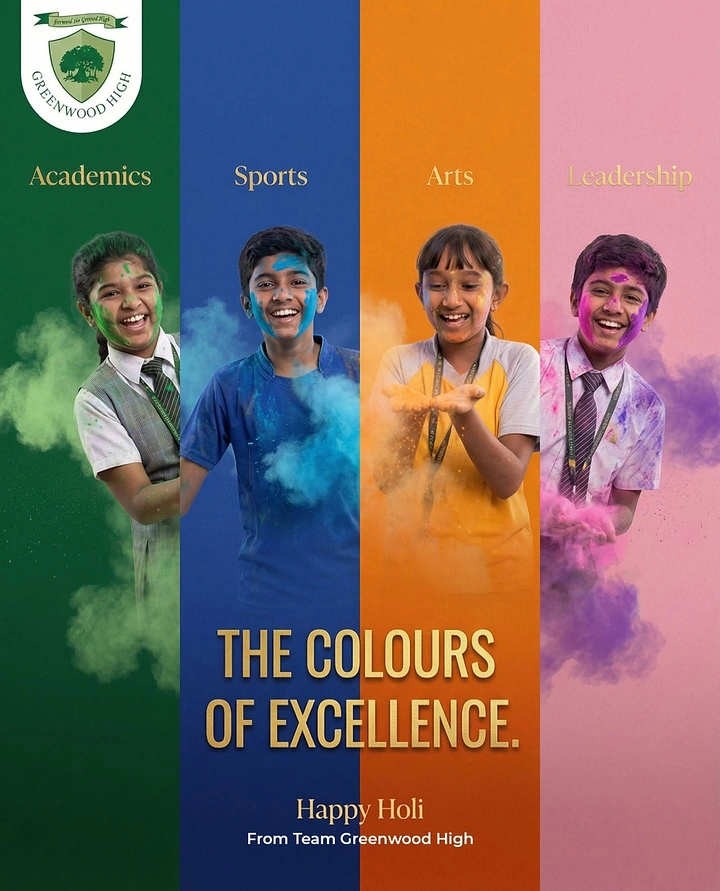 Holi creative ad: Four smiling students in uniform, each in a Holi colour cloud on a matching colour strip