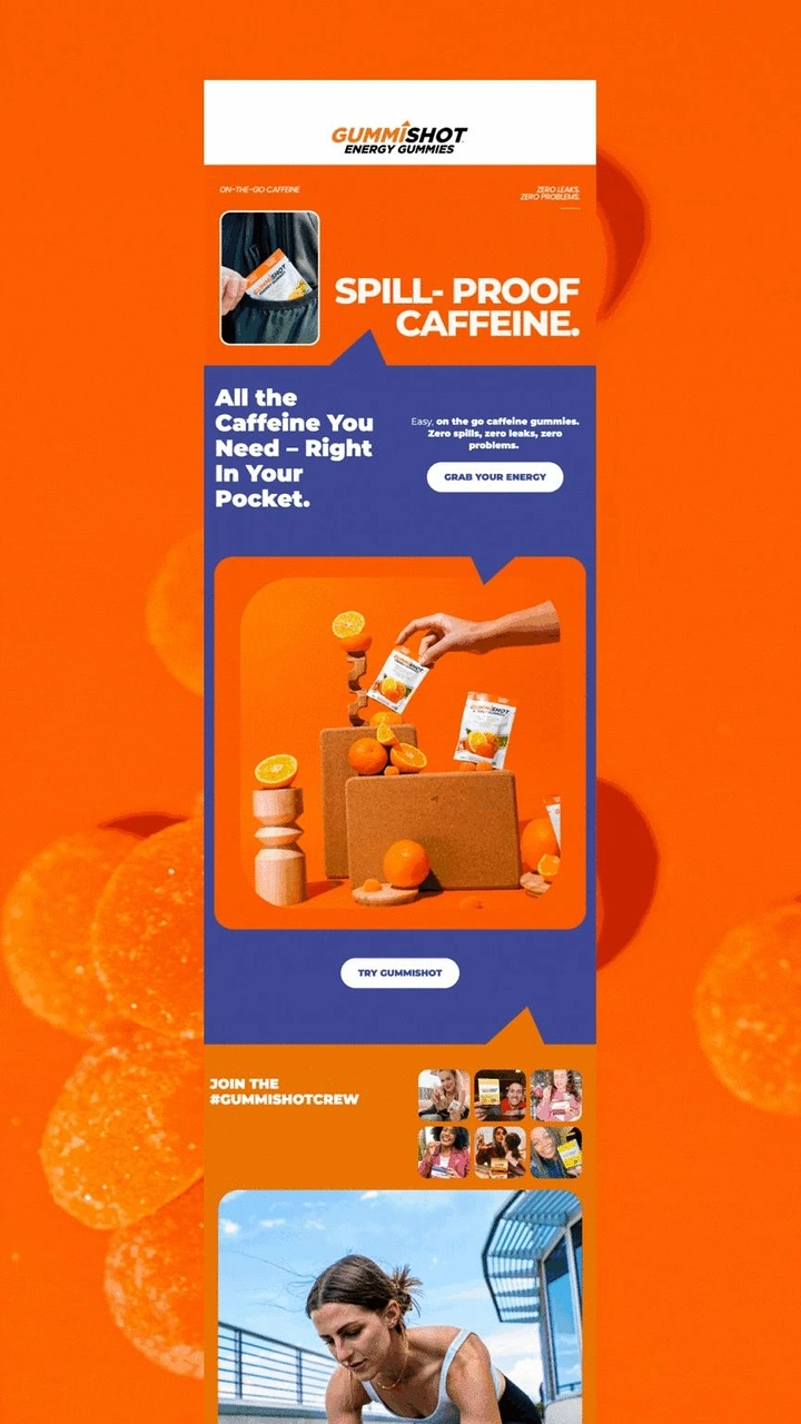 Supplements & Protein creative ad: Energy gummy pouches staged with oranges on cork blocks