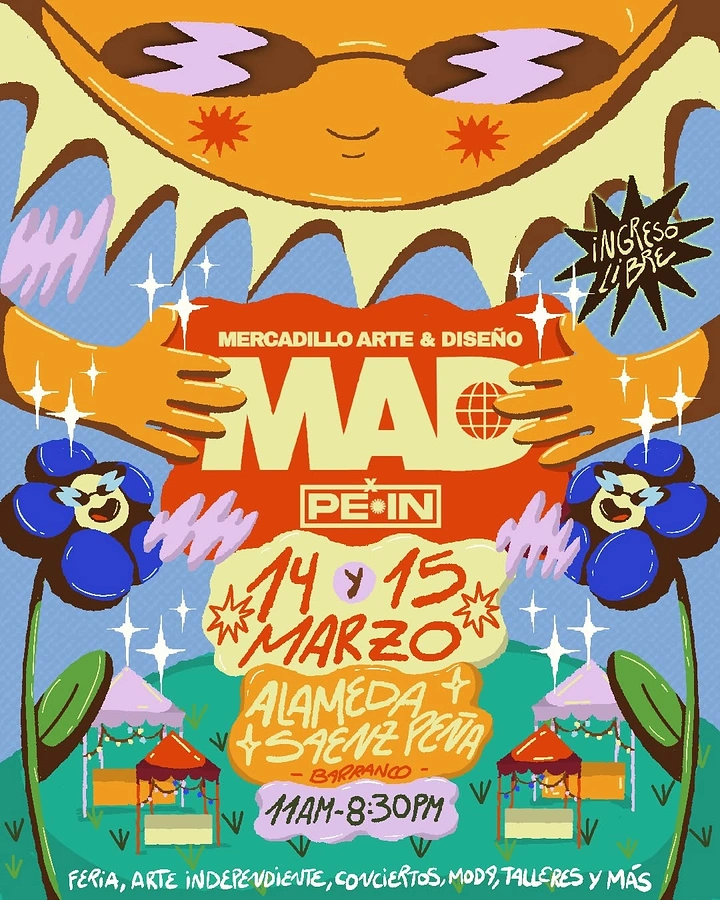 Creative ad: Giant cartoon sun hugging an event logo over a market hill