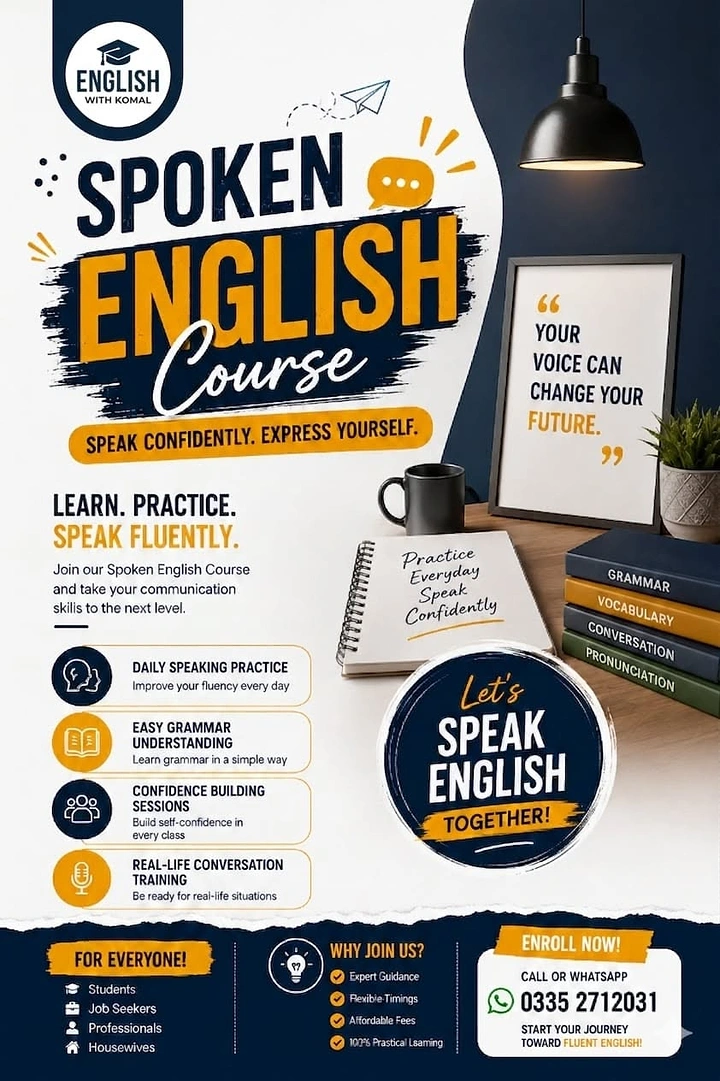 Language Schools & Spoken English creative ad: Desk scene with framed quote, labelled books and notebook beside bold course title