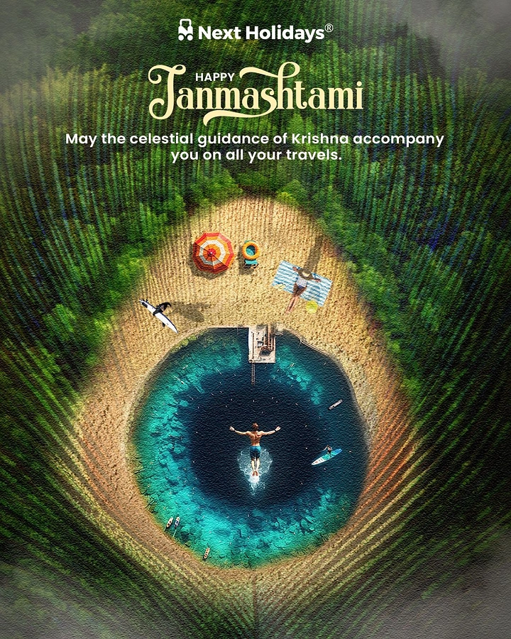 Janmashtami creative ad: Aerial beach and lagoon shaped like a peacock-feather eye