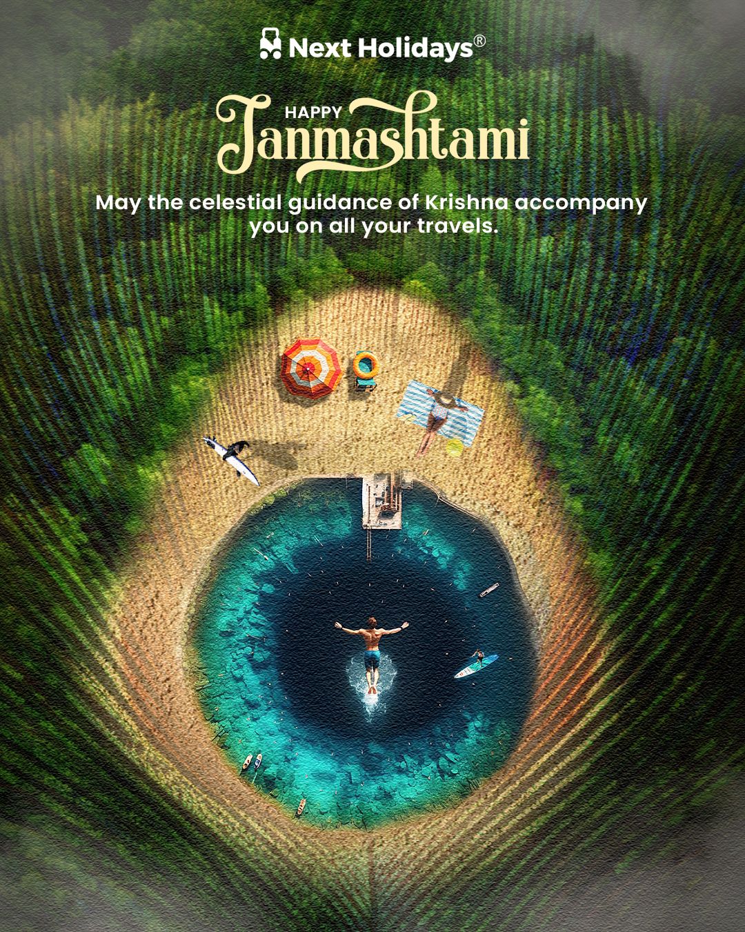 Aerial beach and lagoon shaped like a peacock-feather eye