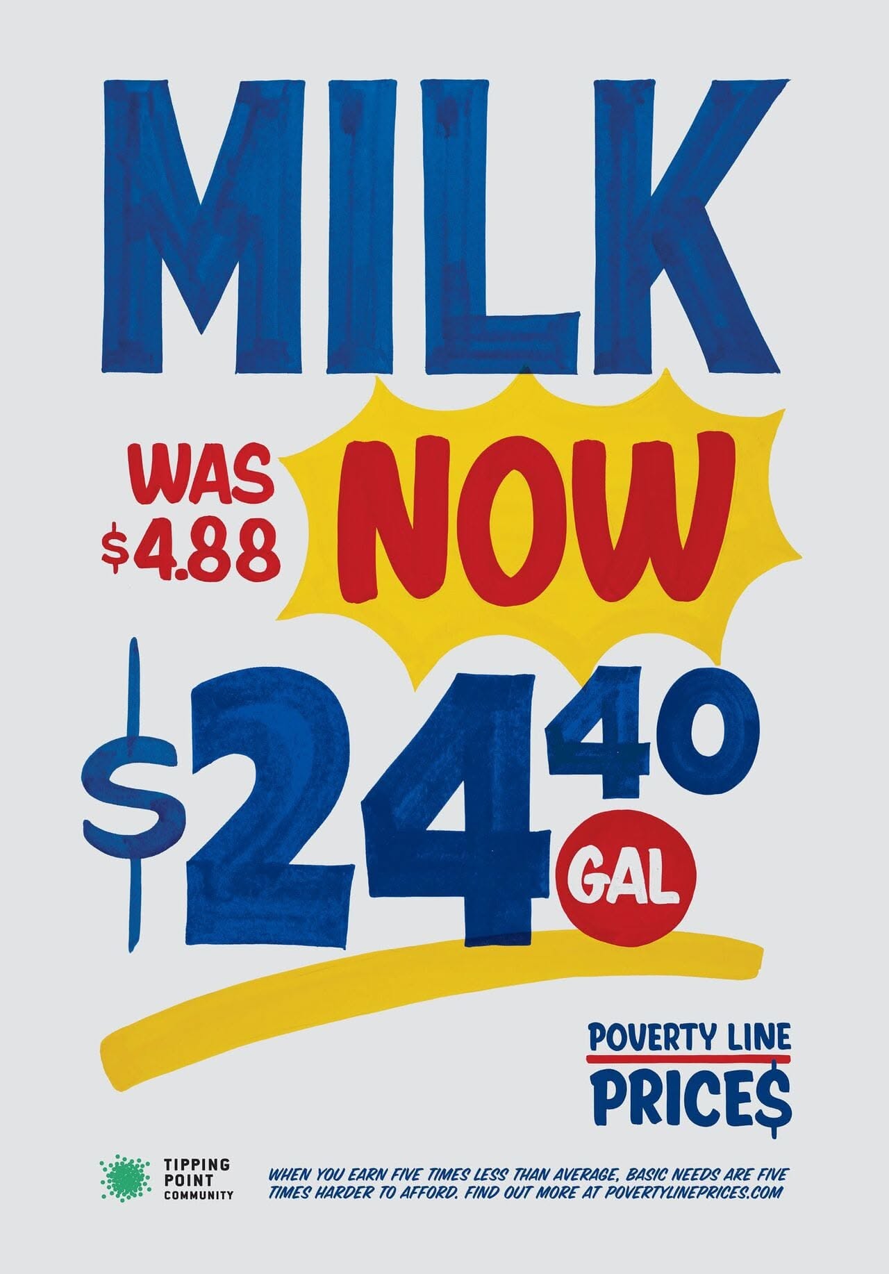 Poster: Hand-painted supermarket price card for milk at an inflated price