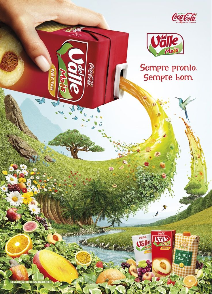 Poster: Hand pouring a juice carton whose stream turns into a green landscape