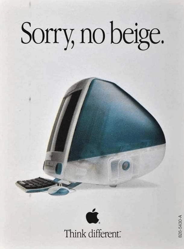Electronics creative ad: Translucent blue-and-white all-in-one computer shown in three-quarter view