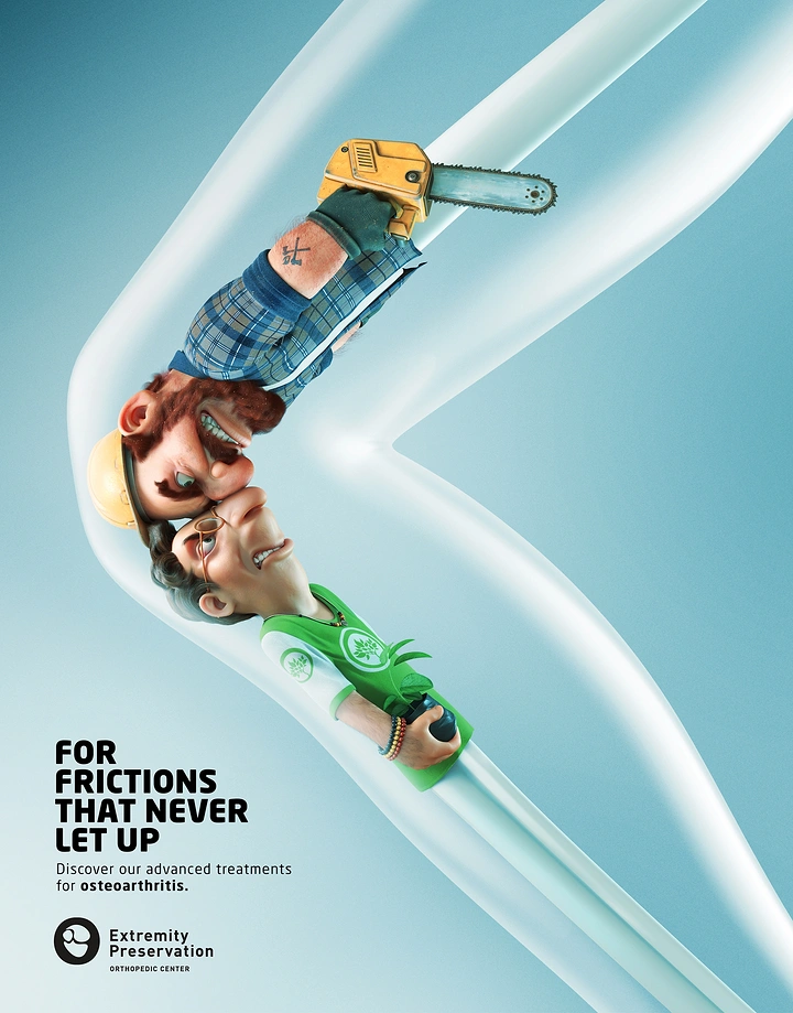 Healthcare creative ad: Two 3D caricature men clashing head-to-head inside a translucent bent knee joint
