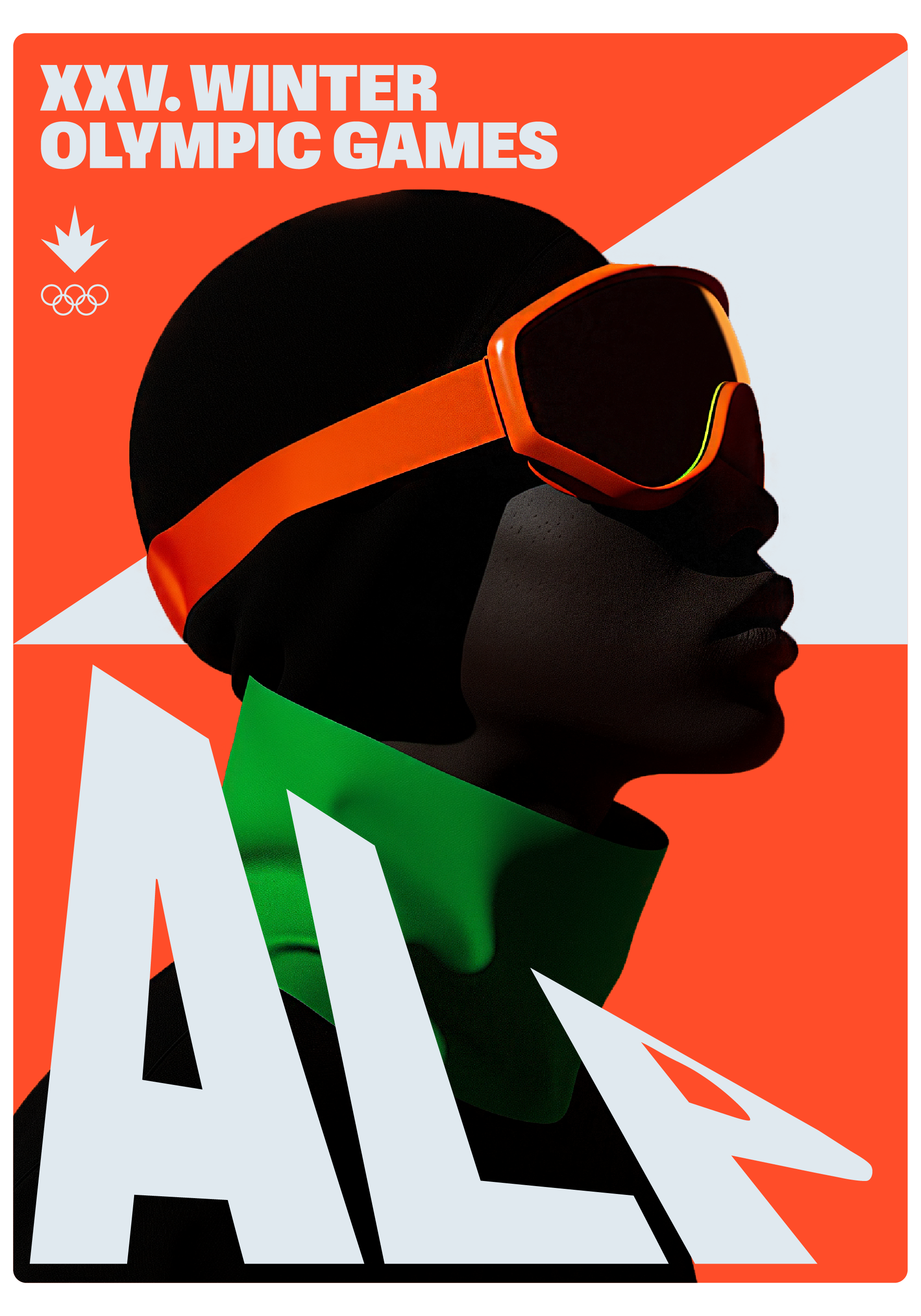3D-rendered athlete profile in orange ski goggles