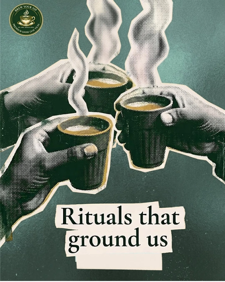 Tea & Chai Brands creative ad: Halftone collage hands toasting chai rituals