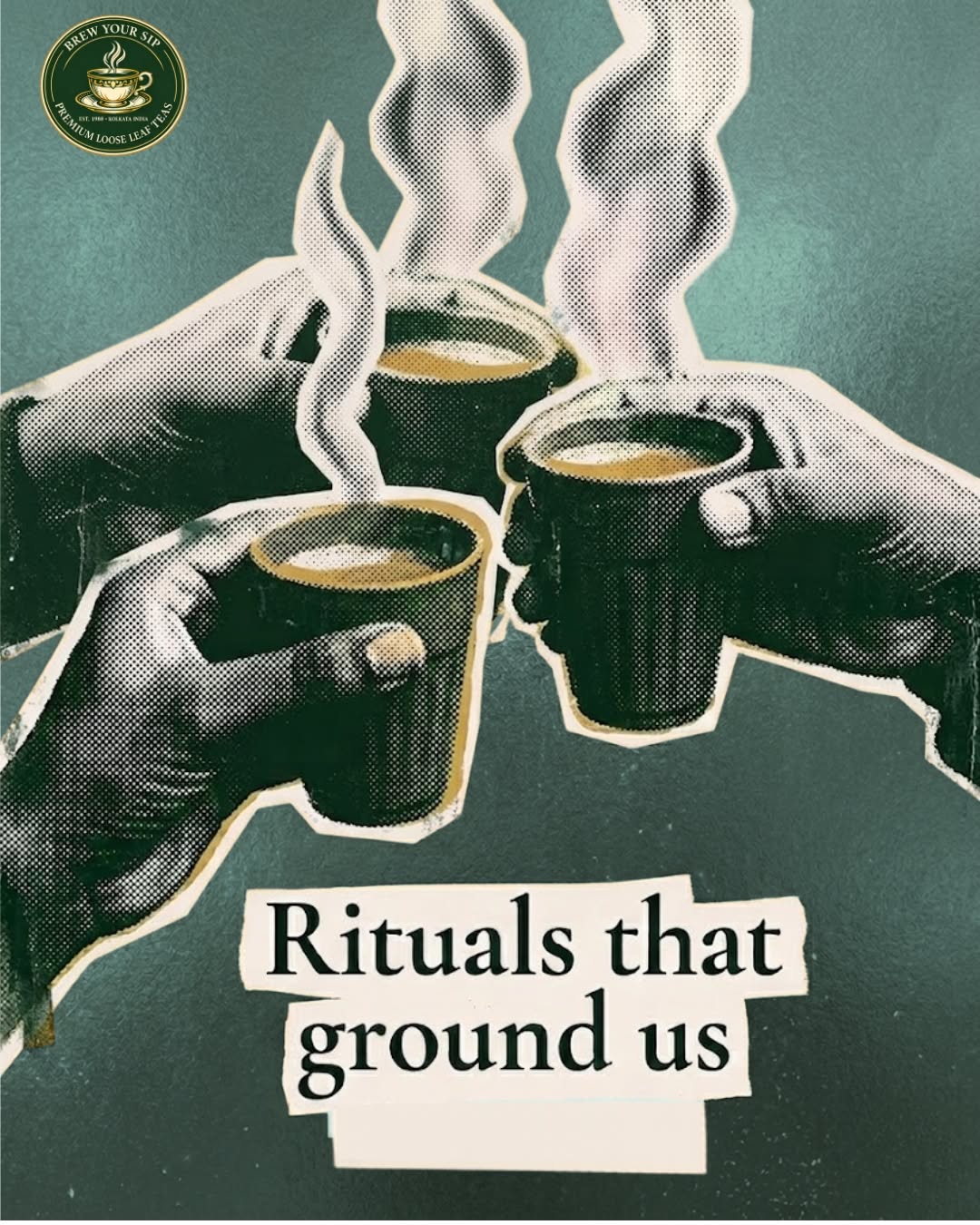 Instagram post: Halftone collage hands toasting chai rituals